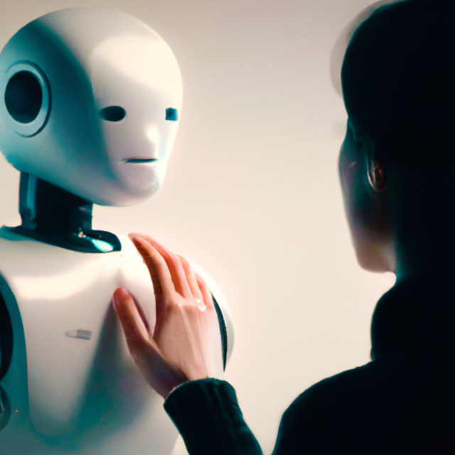 Display an image depicting a human and a robot interacting in a friendly manner, highlighting the harmony and collaboration between technology and humanity